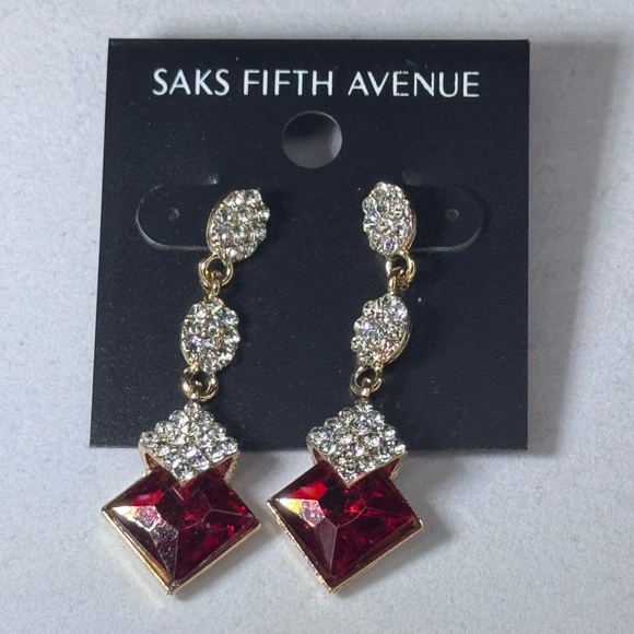 Saks Fifth Ave Pave Teardrop Crystal Post With Drop Red Crystal Earrings - Picture 5 of 9
